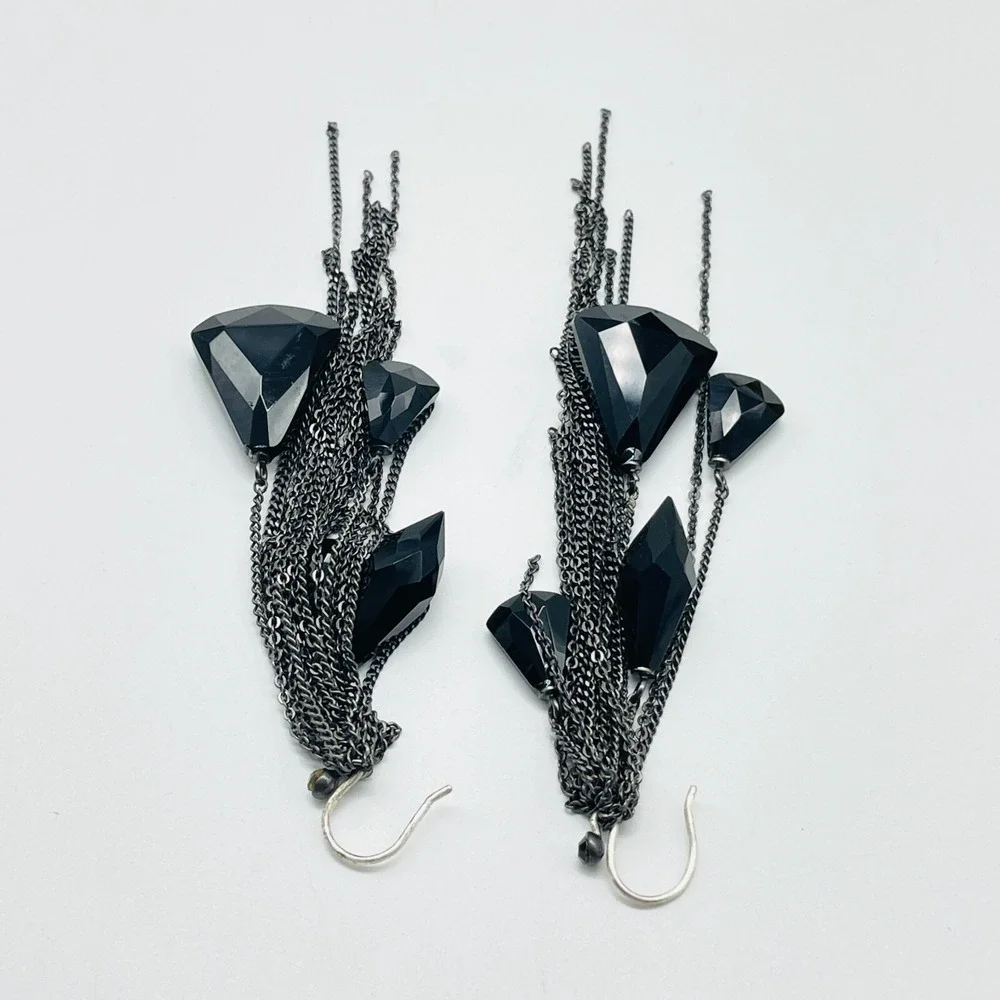 Vintage Black Tassel Pierced Earrings Chain Dangle Statement Boho Goth - Picture 3 of 9